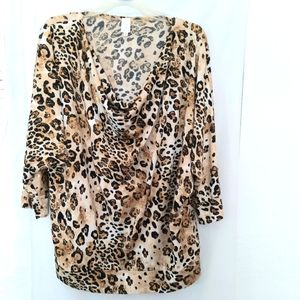 Jones New York Leopard Print Cowl Neck Women Stretch Blouse 3/4 Sleeve Size XL